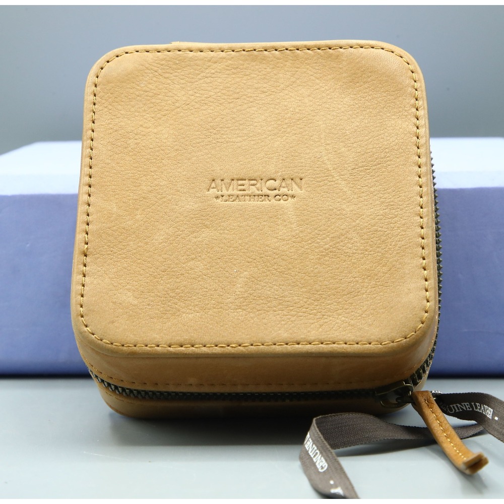 American Leather Co Tan Leather Square Travel Jewelry Box Mirror Monogram A